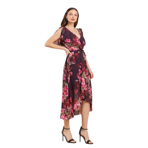 Plum and Red Roses Wrapped Ruffles Hi-Lo Midi Dress - Size 8 - Picture 3 of 8